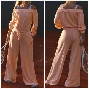 Free People One to Beat Jumpsuit Size XS NWT $98 Pastel Peach Wide Leg Lounge